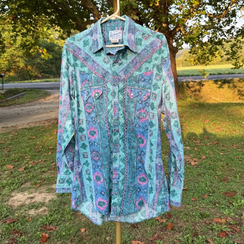 Rockmount Ranch Wear Western Snap Shirt Teal Purple Aztec Print Mens Medium USA